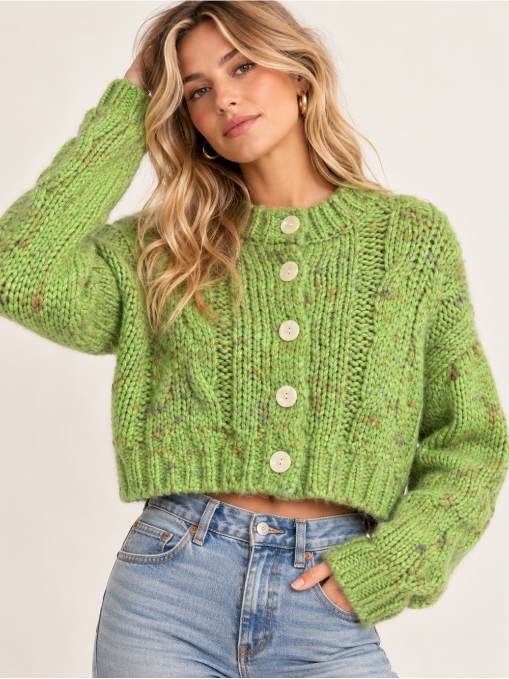 Urban Outfitters Cropped Chunky Knit Button-Front Cardigan - Green